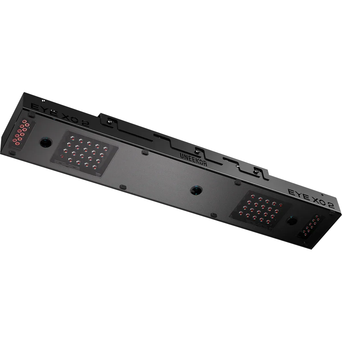 Uneekor EYE XO2 launch monitor mounted above a hitting area in an indoor golf simulator